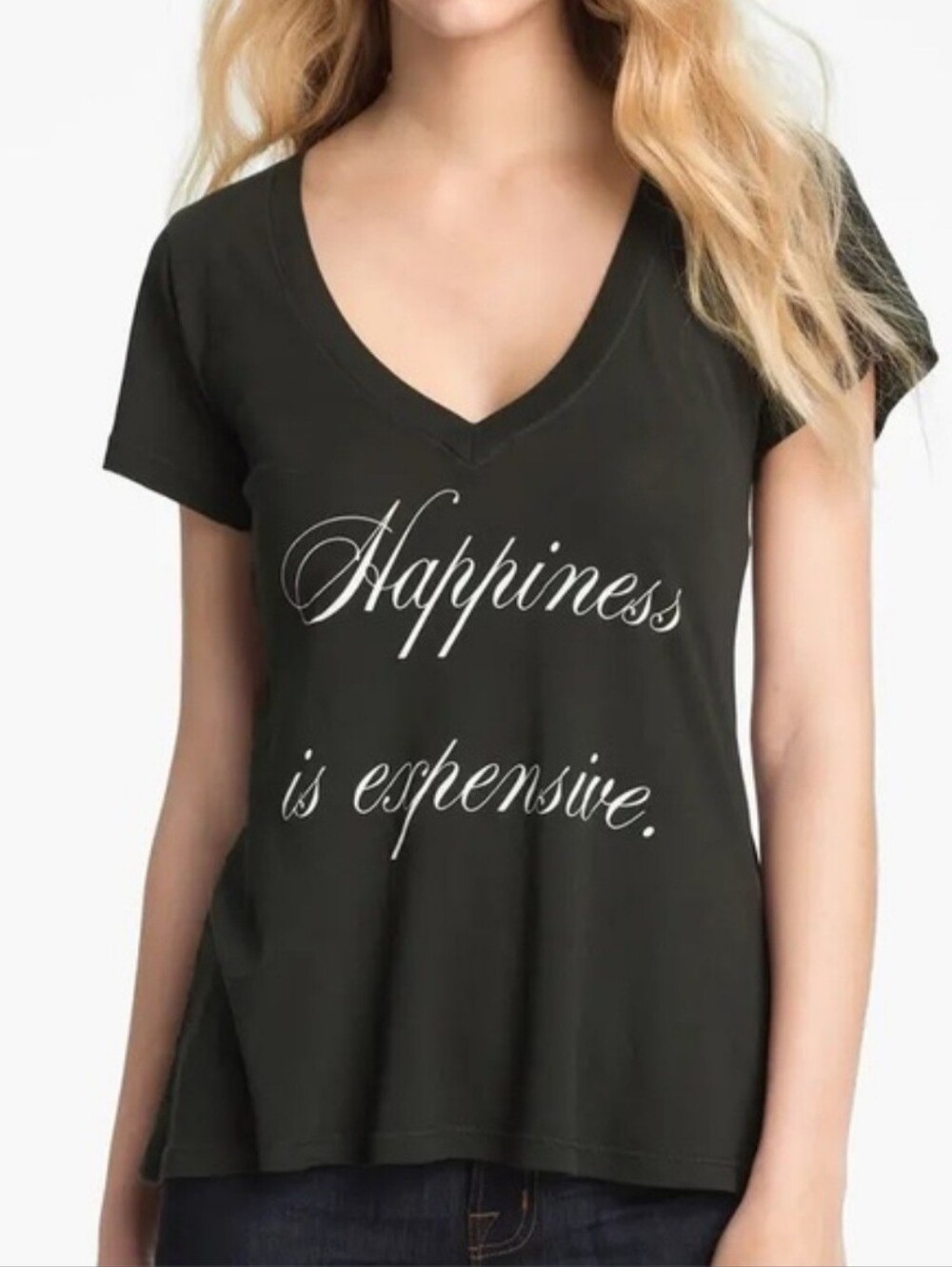 Wild fox graphic Vneck t shirt 'Happiness is expensive.' Size medium